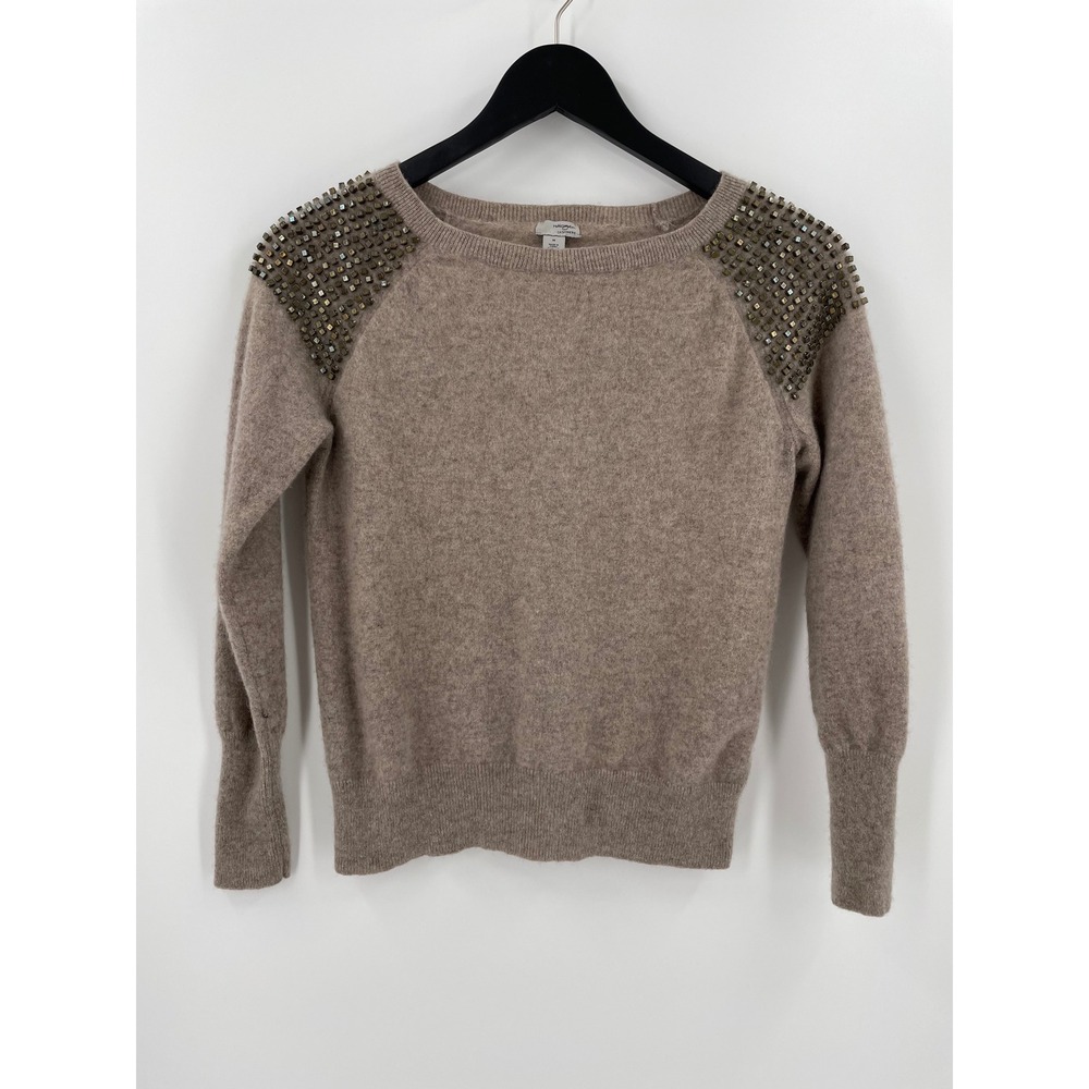 Halogen Cashmere Studded Shoulder Sweater Brown Taupe Crew Neck Size M HA299570
